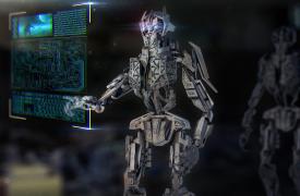 A robot machine touching a screen