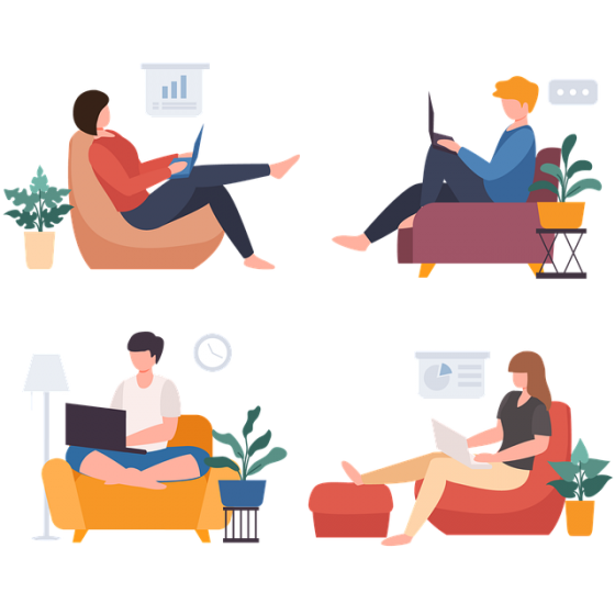 A montage of people working remotely from home in a relaxed atmosphere