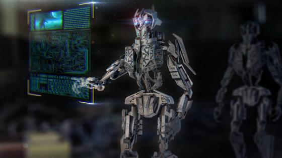 A robot machine touching a screen