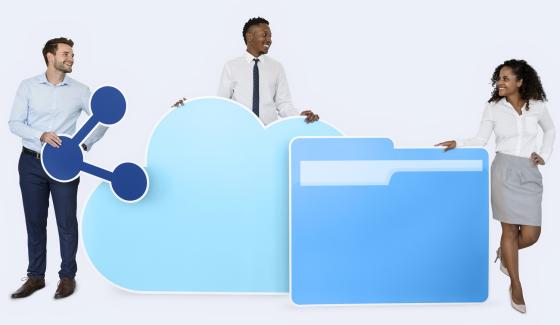 Internet and cloud technology concept - a group of people holding a file and cloud to replicate file sharing and storage