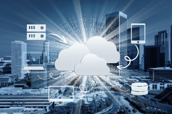 Digital illustration depicting cloud computing concept.  Central white cloud icons connect to various devices and data storage symbols, with binary code rays emphasising data flow and network integration.