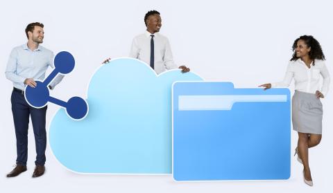 Internet and cloud technology concept - a group of people holding a file and cloud to replicate file sharing and storage