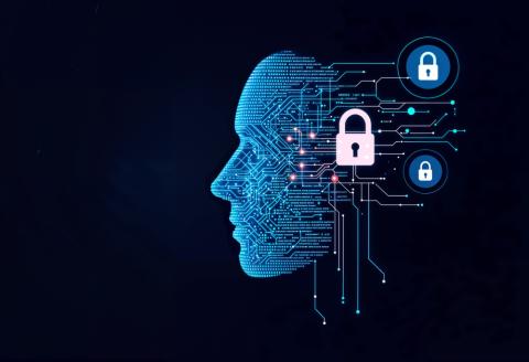 An AI created face with padlocks