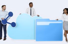 Internet and cloud technology concept - a group of people holding a file and cloud to replicate file sharing and storage
