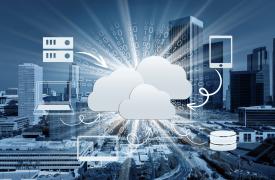 Digital illustration depicting cloud computing concept.  Central white cloud icons connect to various devices and data storage symbols, with binary code rays emphasising data flow and network integration.